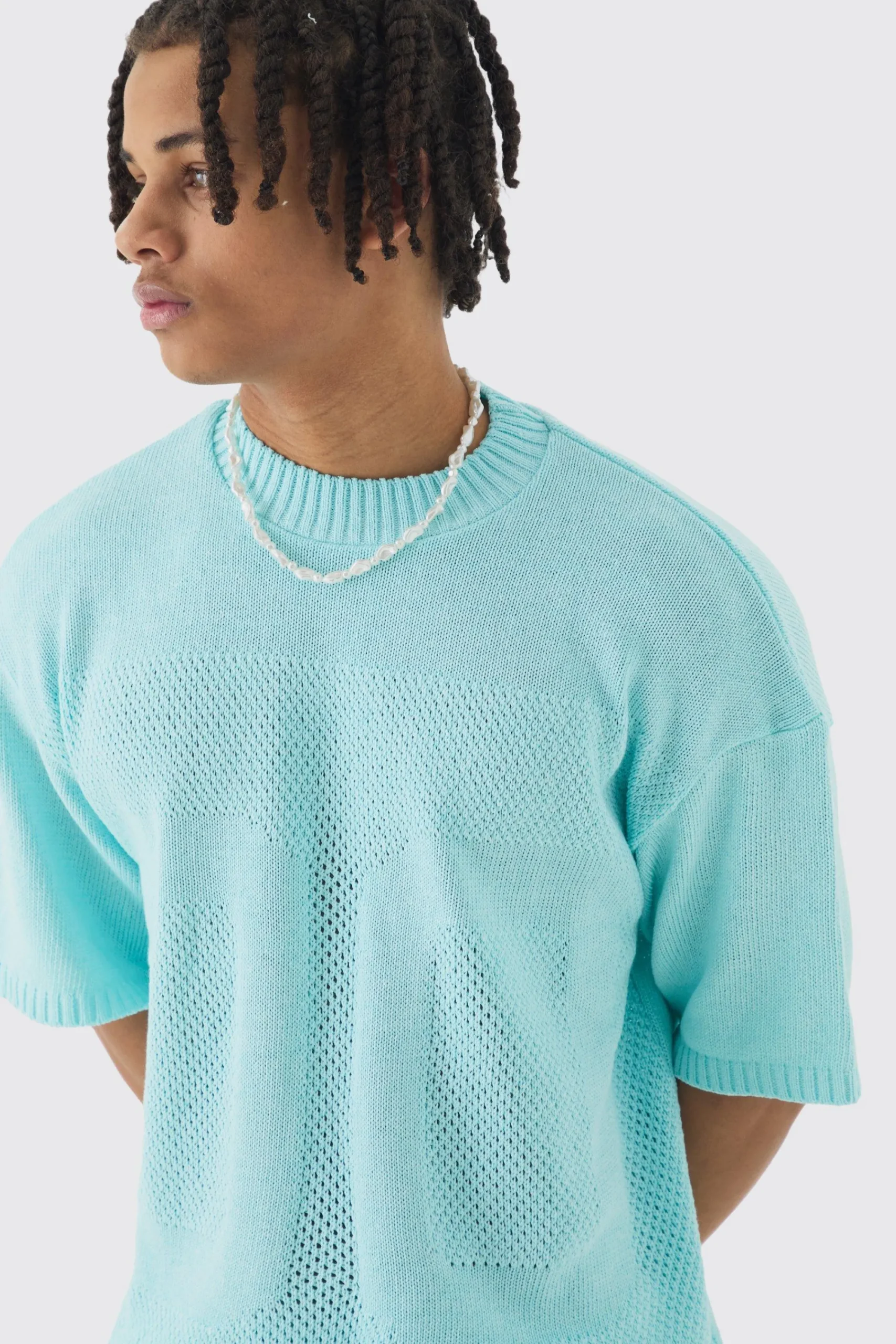 Oversized Open Stitch Tonal Varsity Knitted T-shirt | UK^boohooMAN Online
