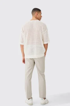 Oversized Open Stitch Tshirt With Pocket In Ecru | UK^boohooMAN