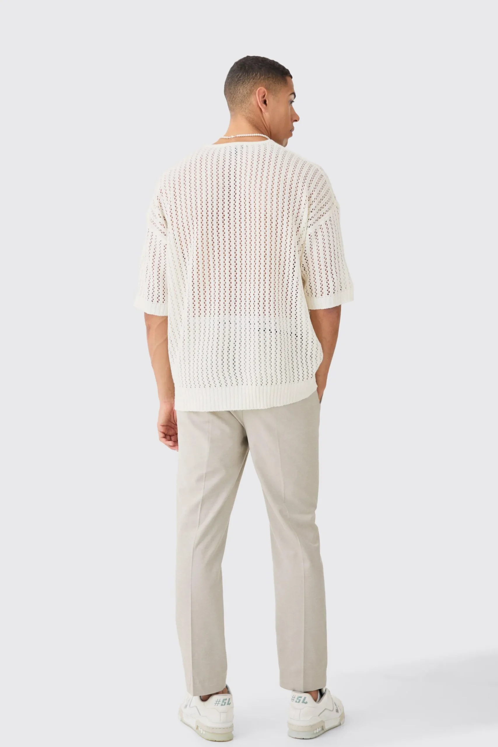 Oversized Open Stitch Tshirt With Pocket In Ecru | UK^boohooMAN