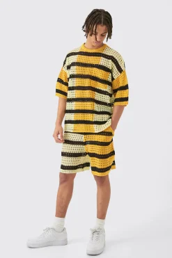 boohooMAN Oversized Open Stitch T-shirt Short Knitted Set | UK| Sets & Co-Ords