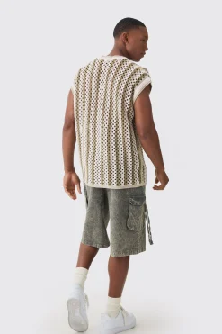 Oversized Open Stitch V Neck Stripe Knitted Tank | UK^boohooMAN Hot