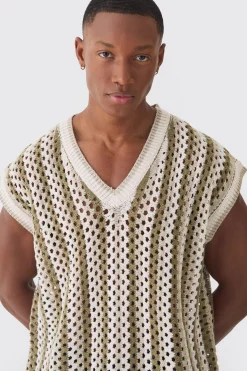 Oversized Open Stitch V Neck Stripe Knitted Tank | UK^boohooMAN Hot