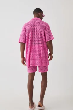 boohooMAN Oversized Open Weave Lace Shirt & Short Set | UK| Sets & Co-Ords