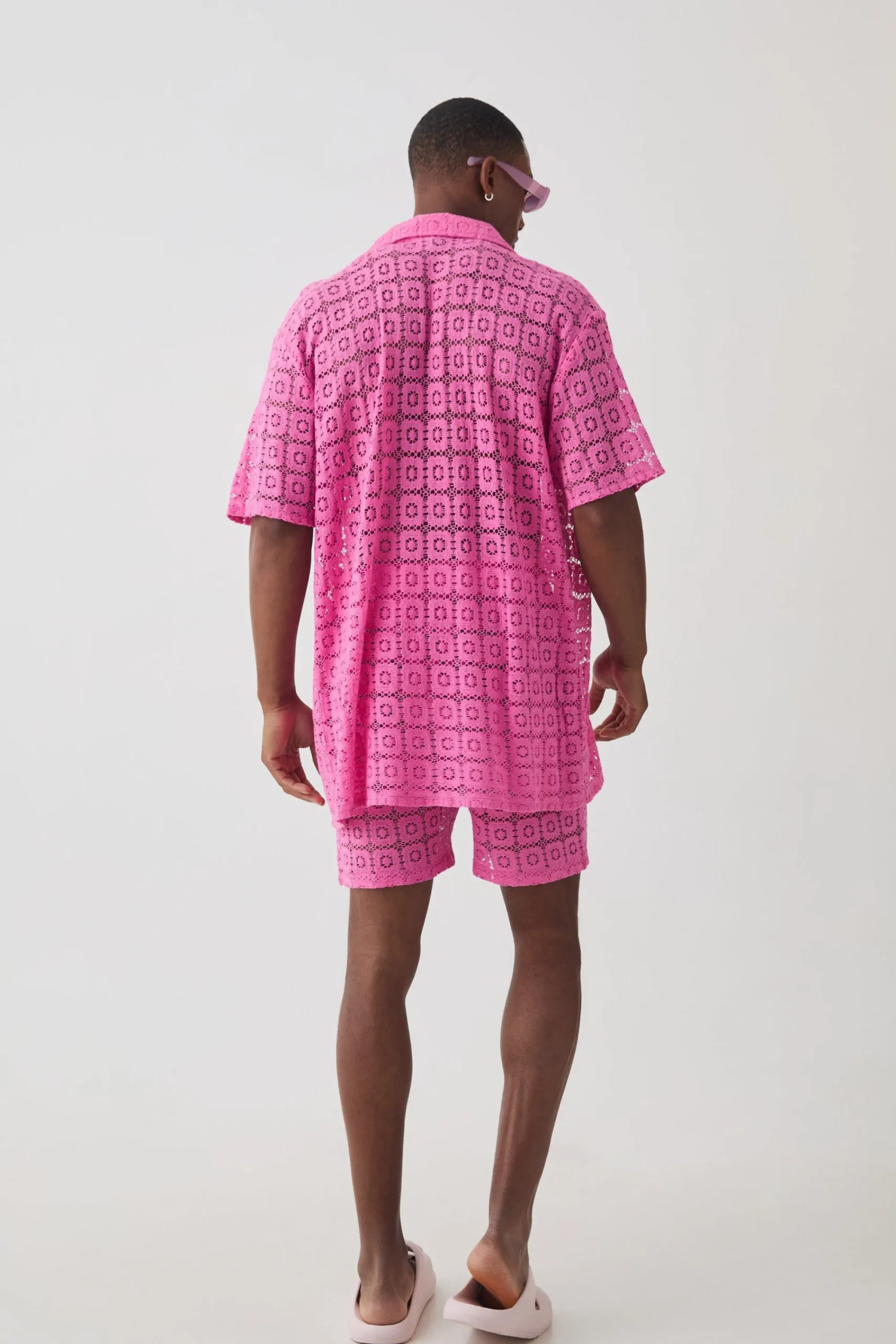 boohooMAN Oversized Open Weave Lace Shirt & Short Set | UK| Sets & Co-Ords