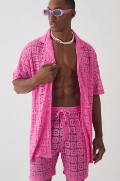 boohooMAN Oversized Open Weave Lace Shirt & Short Set | UK| Sets & Co-Ords
