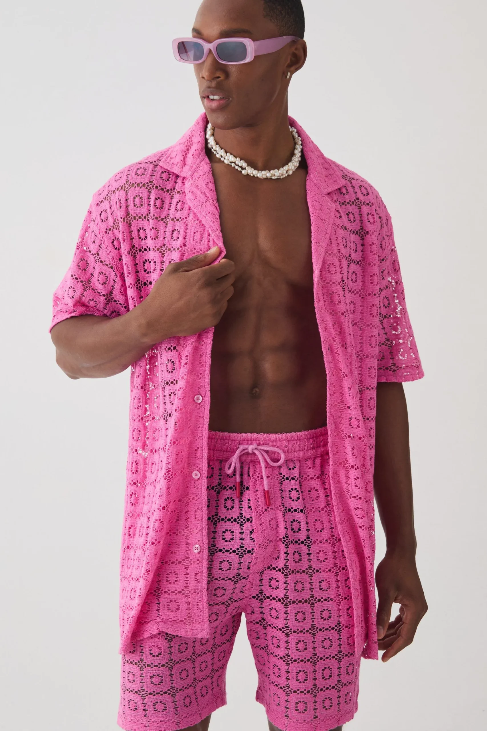 boohooMAN Oversized Open Weave Lace Shirt & Short Set | UK| Sets & Co-Ords