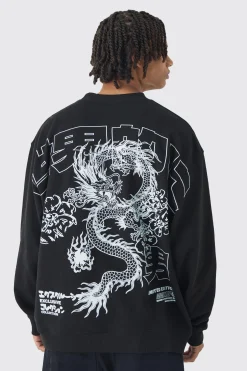 boohooMAN Oversized Over Seams Extended Neck Dragon Wash Print Sweatshirt | UK| Shirts|Hoodies & Sweatshirts