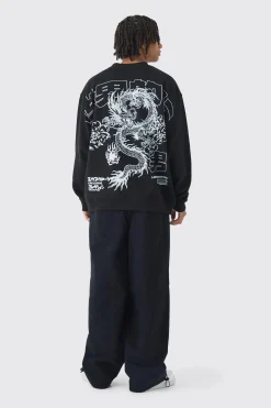 boohooMAN Oversized Over Seams Extended Neck Dragon Wash Print Sweatshirt | UK| Shirts|Hoodies & Sweatshirts