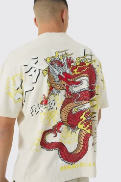 Oversized Over Seams Extended Neck Dragon Wash Print T-Shirt | UK^boohooMAN New