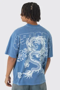 Oversized Over Seams Extended Neck Dragon Wash Print T-Shirt | UK^boohooMAN Online