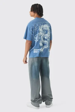 Oversized Over Seams Extended Neck Dragon Wash Print T-Shirt | UK^boohooMAN Online