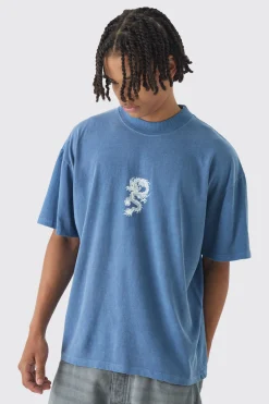 Oversized Over Seams Extended Neck Dragon Wash Print T-Shirt | UK^boohooMAN Online