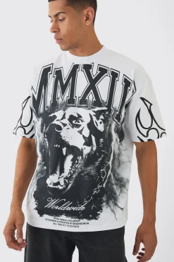 Oversized Over Seams Rottweiler Lightning Graphic T-Shirt | UK^boohooMAN Online