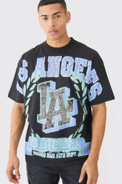 Oversized Over Seams Varsity LA Graphic T-shirt | UK^boohooMAN Online