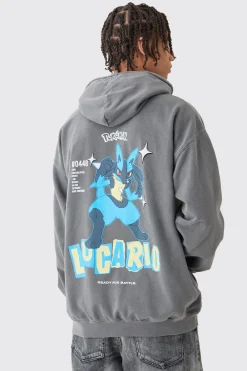 boohooMAN Oversized Overdye Pokemon Lucario License Hoodie | UK| Hoodies & Sweatshirts