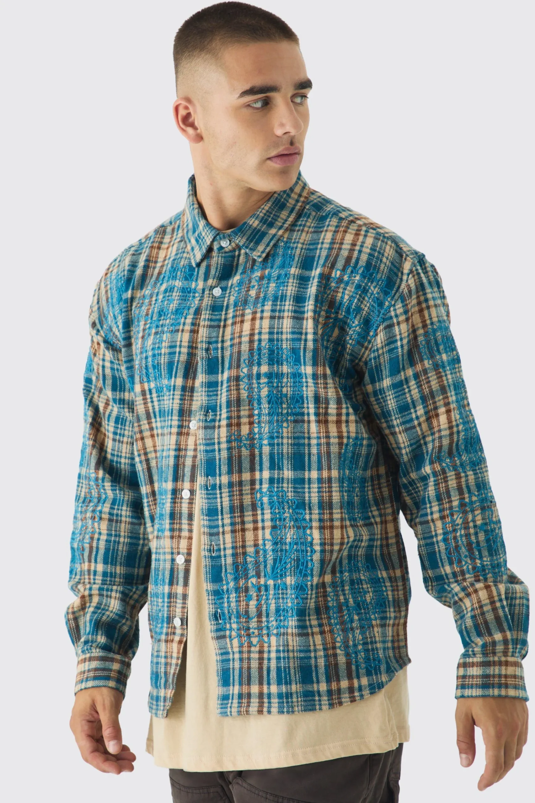 boohooMAN Oversized Paisley Embroidered Check Long Sleeve Shirt | UK| Shirts