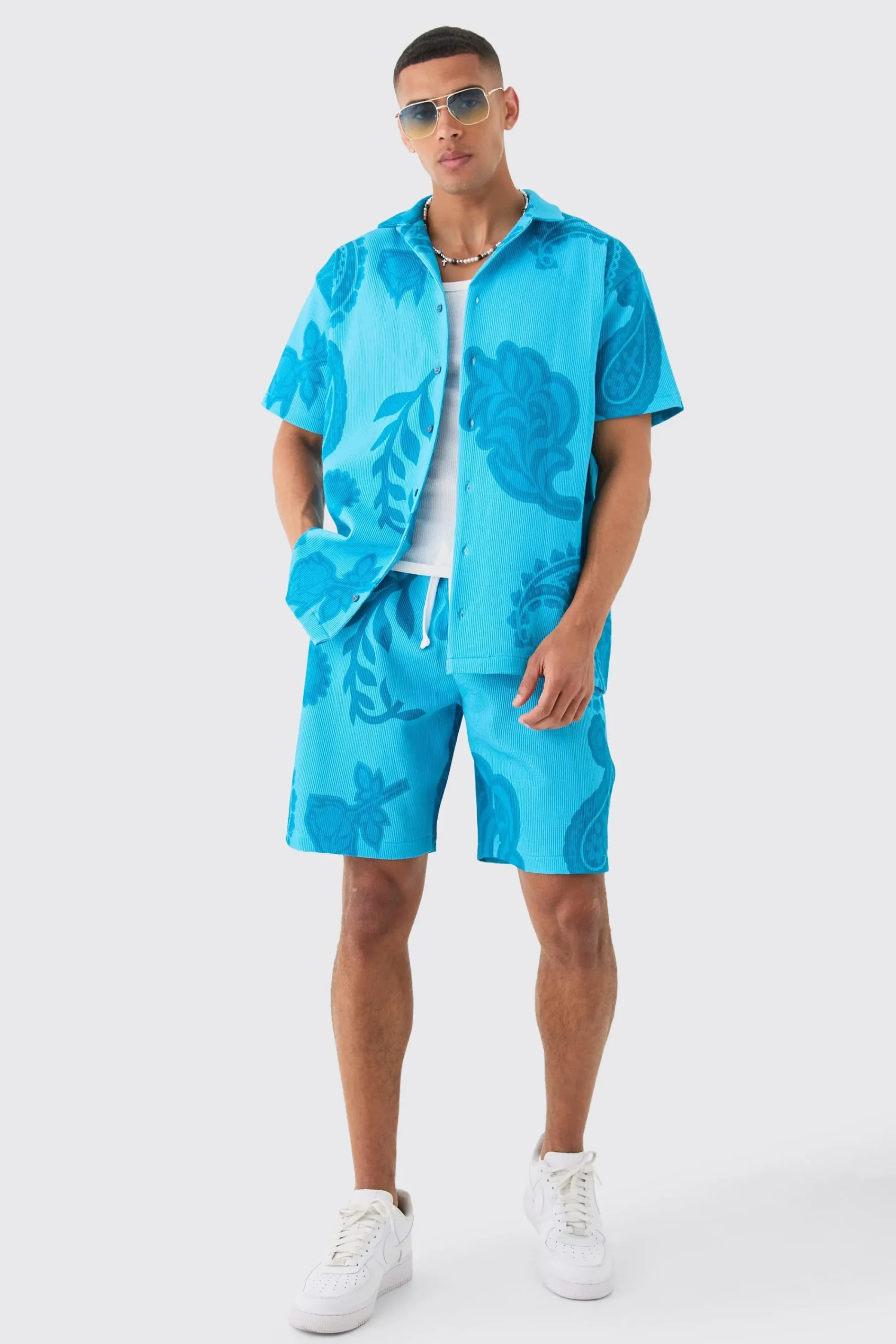 boohooMAN Oversized Paisley Tonal Printed Pleated Shirt & Short Set | UK| Sets & Co-Ords
