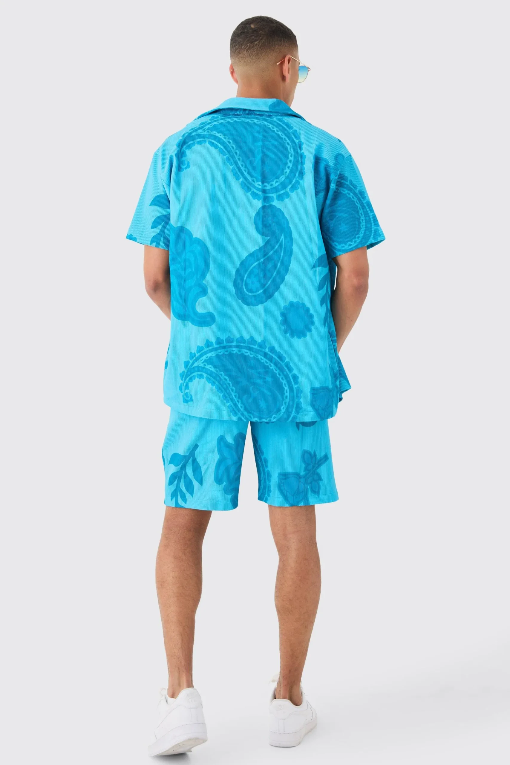 boohooMAN Oversized Paisley Tonal Printed Pleated Shirt & Short Set | UK| Sets & Co-Ords