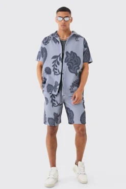 boohooMAN Oversized Paisley Tonal Printed Pleated Shirt & Short Set | UK| Sets & Co-Ords