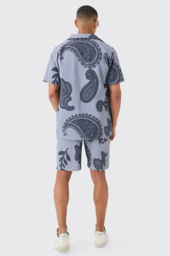 boohooMAN Oversized Paisley Tonal Printed Pleated Shirt & Short Set | UK| Sets & Co-Ords