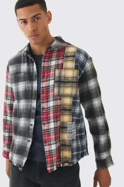 boohooMAN Oversized Patchwork Bleach Wash Check Shirt | UK| Shirts