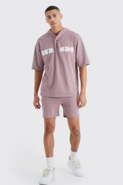 boohooMAN Oversized Pinstripe Baseball Polo & Short Set | UK| Tracksuits