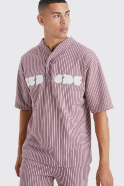 boohooMAN Oversized Pinstripe Baseball Polo & Short Set | UK| Tracksuits