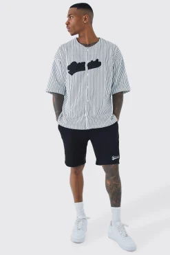 boohooMAN Oversized Pinstripe Baseball Shirt & Short Set | UK| Sets & Co-Ords|Tracksuits