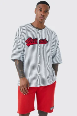 boohooMAN Oversized Pinstripe Baseball Shirt & Short Set | UK| Tracksuits