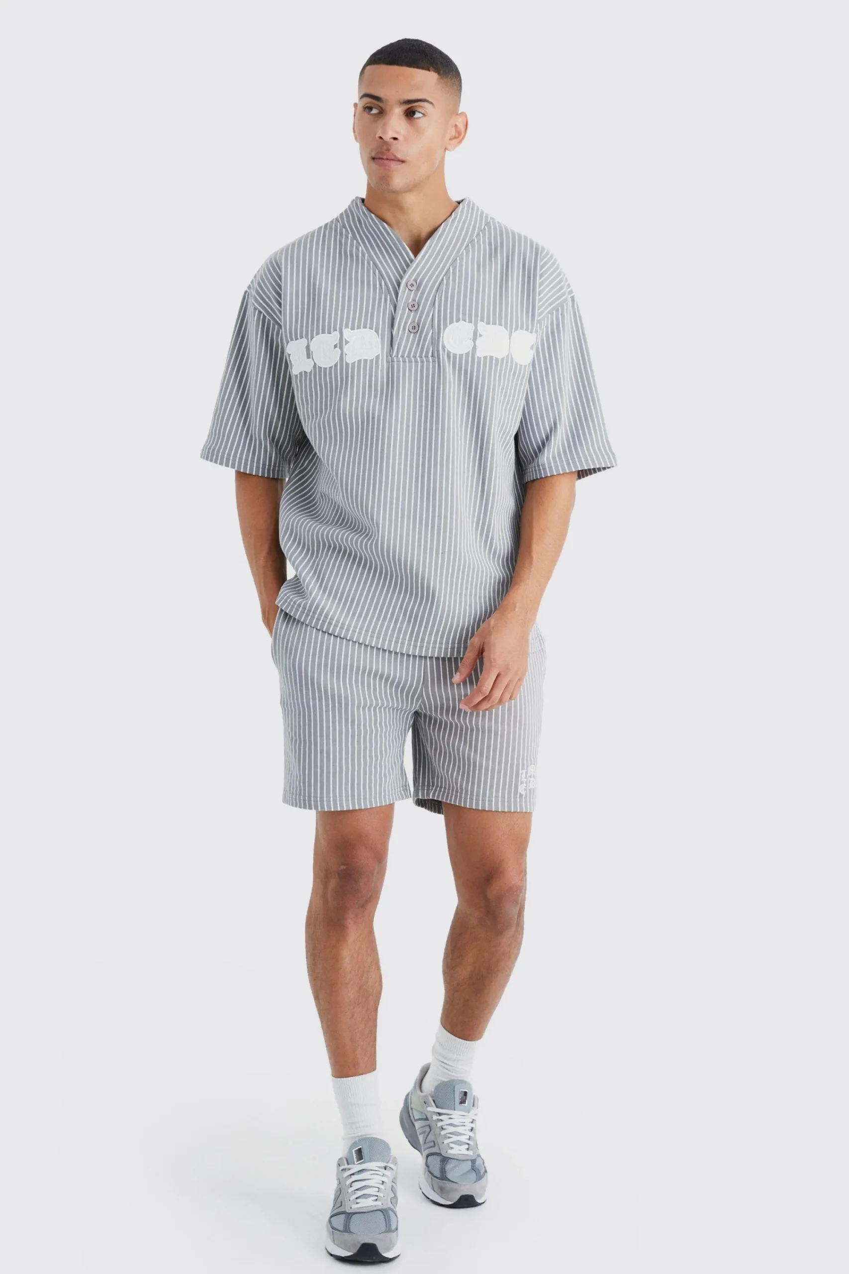 boohooMAN Oversized Pinstripe Baseball Polo & Short Set | UK| Tracksuits