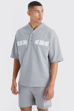 boohooMAN Oversized Pinstripe Baseball Polo & Short Set | UK| Tracksuits
