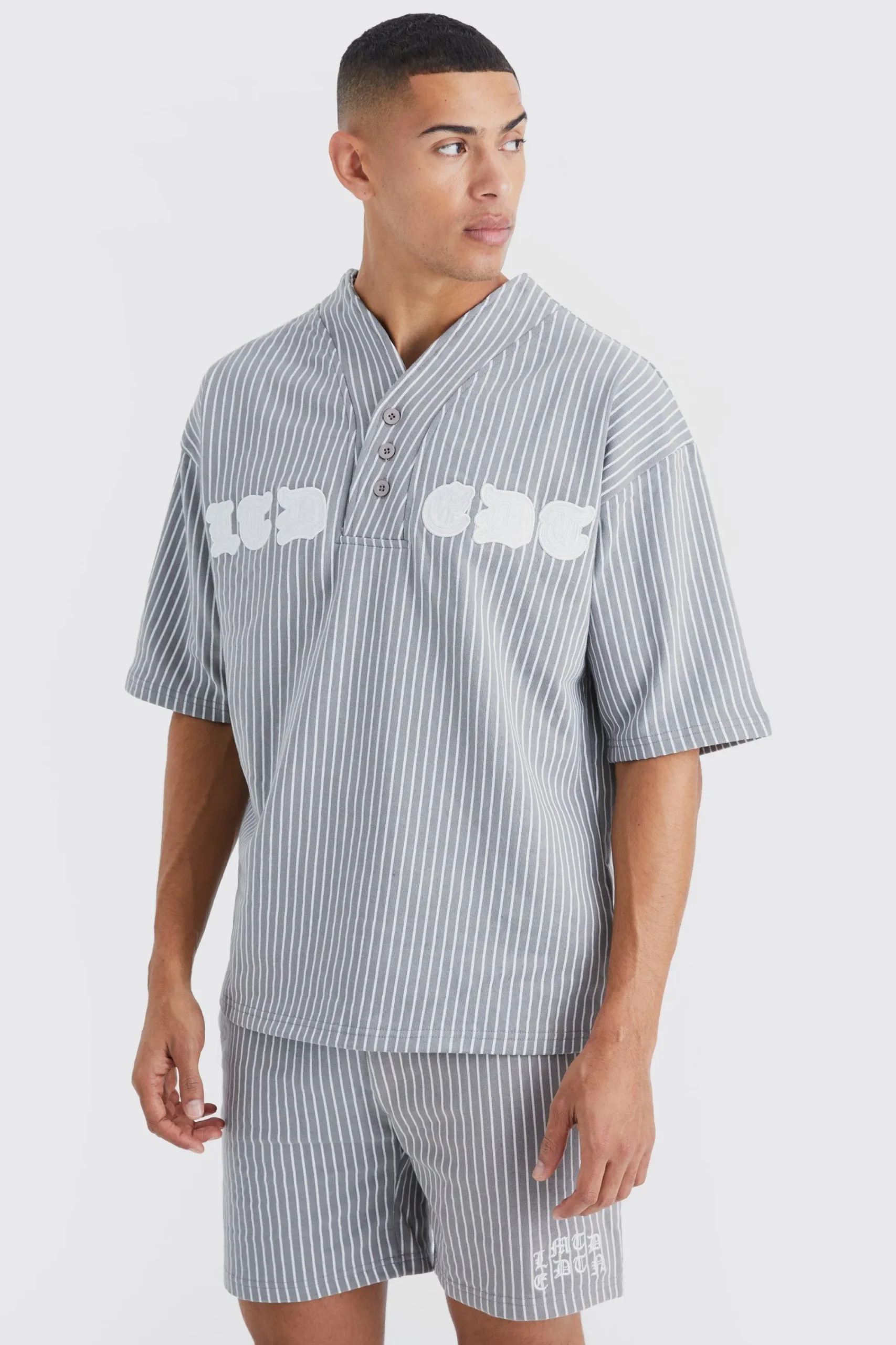 boohooMAN Oversized Pinstripe Baseball Polo & Short Set | UK| Tracksuits