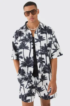 boohooMAN Oversized Pleated Palm Tree Print Shirt & Short Set | UK| Sets & Co-Ords