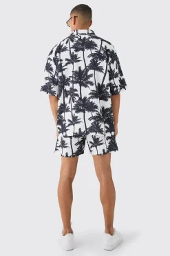 boohooMAN Oversized Pleated Palm Tree Print Shirt & Short Set | UK| Sets & Co-Ords