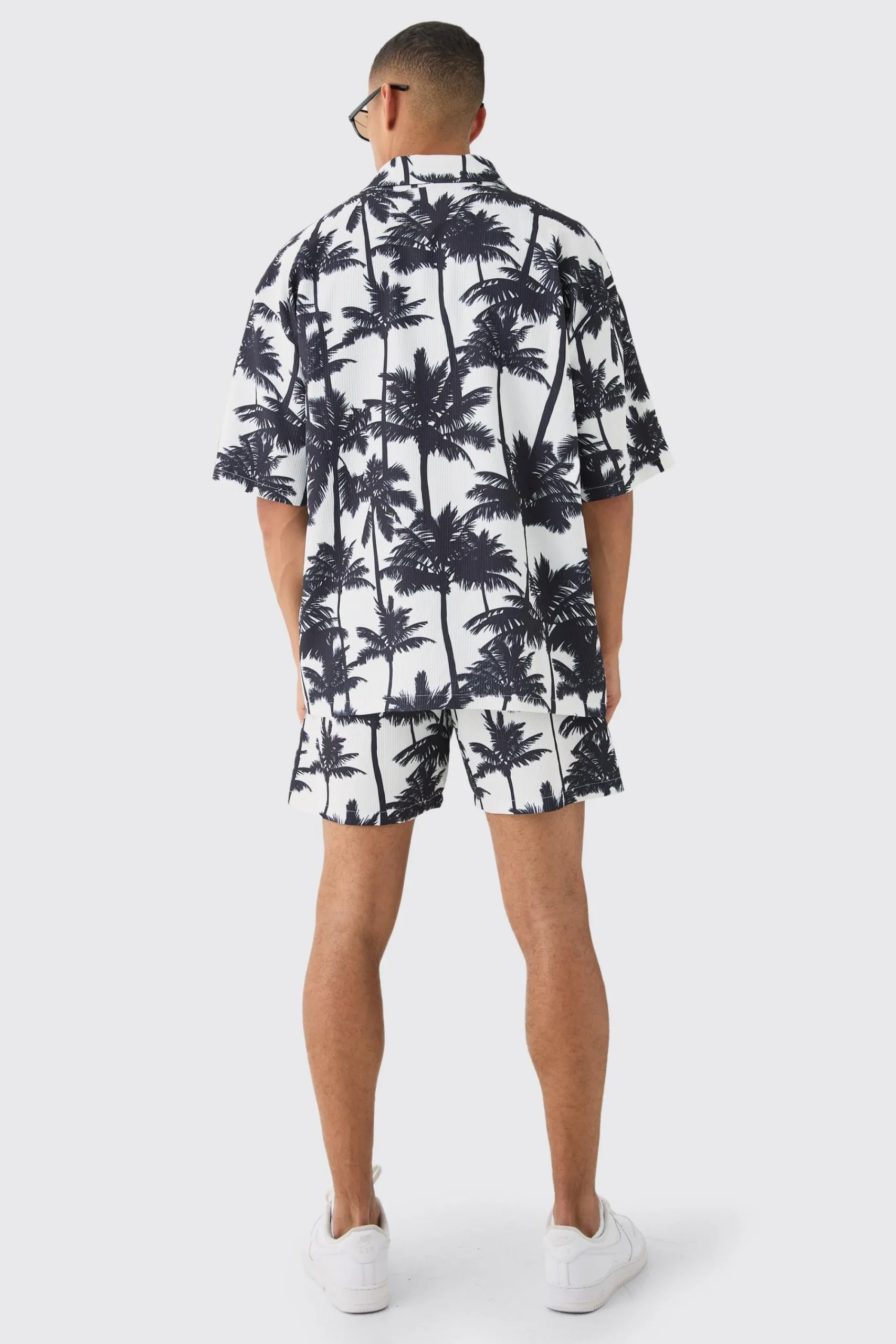 boohooMAN Oversized Pleated Palm Tree Print Shirt & Short Set | UK| Sets & Co-Ords