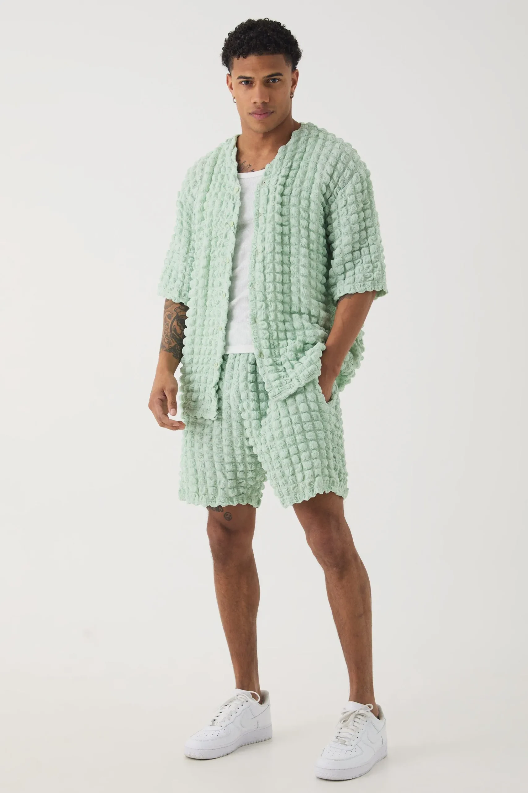 boohooMAN Oversized Popcorn Collarless Polo Shirt & Shorts Set | UK| Sets & Co-Ords
