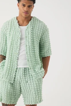 boohooMAN Oversized Popcorn Collarless Polo Shirt & Shorts Set | UK| Sets & Co-Ords