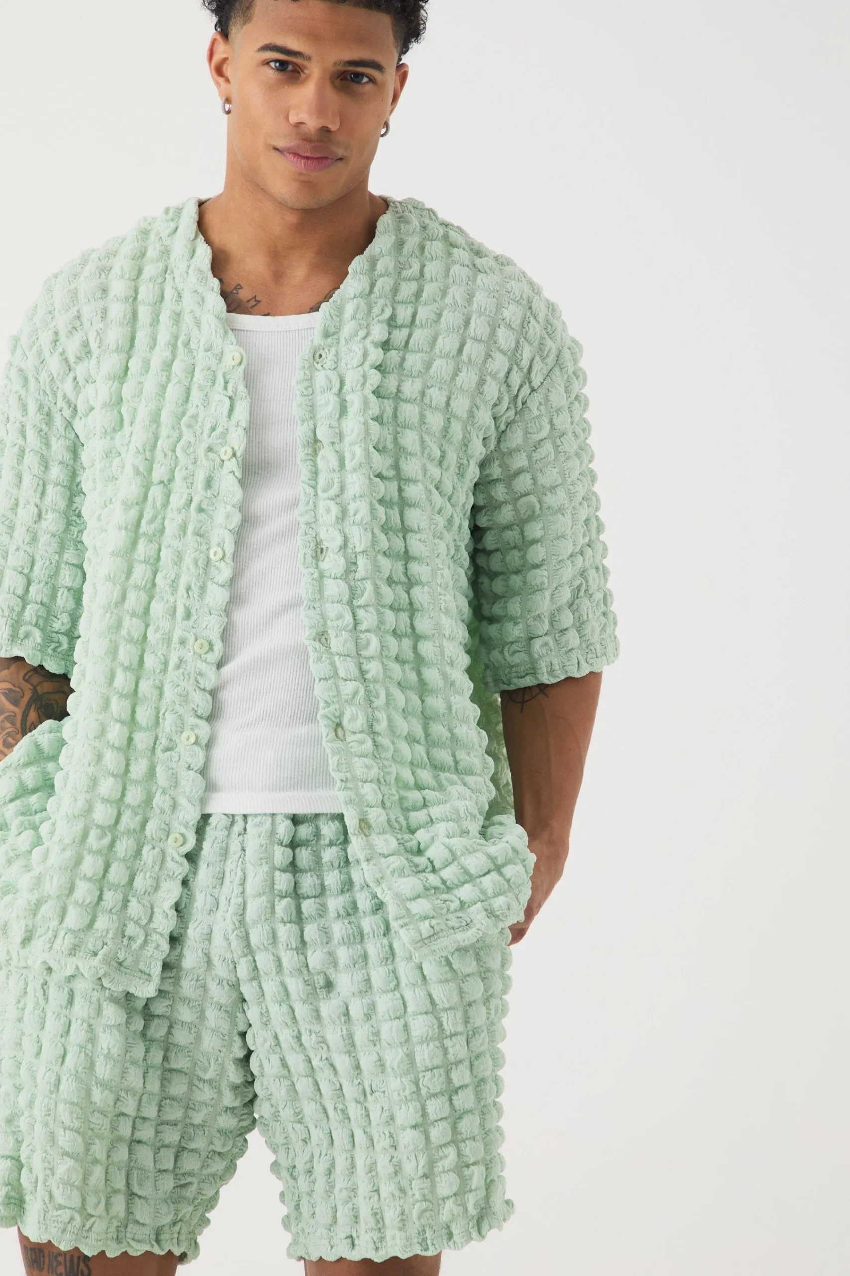 boohooMAN Oversized Popcorn Collarless Polo Shirt & Shorts Set | UK| Sets & Co-Ords