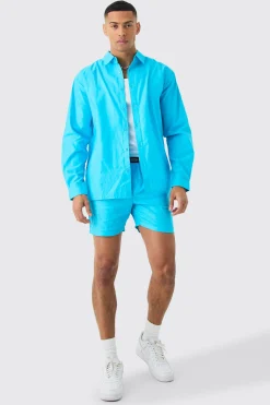 boohooMAN Oversized Poplin Branded Waistband Short Set | UK| Sets & Co-Ords