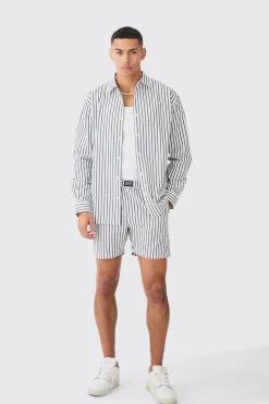 boohooMAN Oversized Poplin Pinstripe Branded Waistband Short Set | UK| Sets & Co-Ords