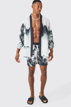 boohooMAN Oversized Printed Kimono Shirt And Swim Short Set | UK| Sets & Co-Ords