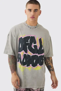 Oversized Puff Print Graffiti Washed T-shirt | UK^boohooMAN Outlet