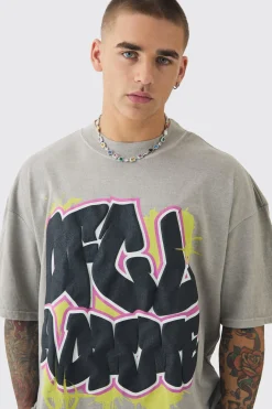 Oversized Puff Print Graffiti Washed T-shirt | UK^boohooMAN Outlet