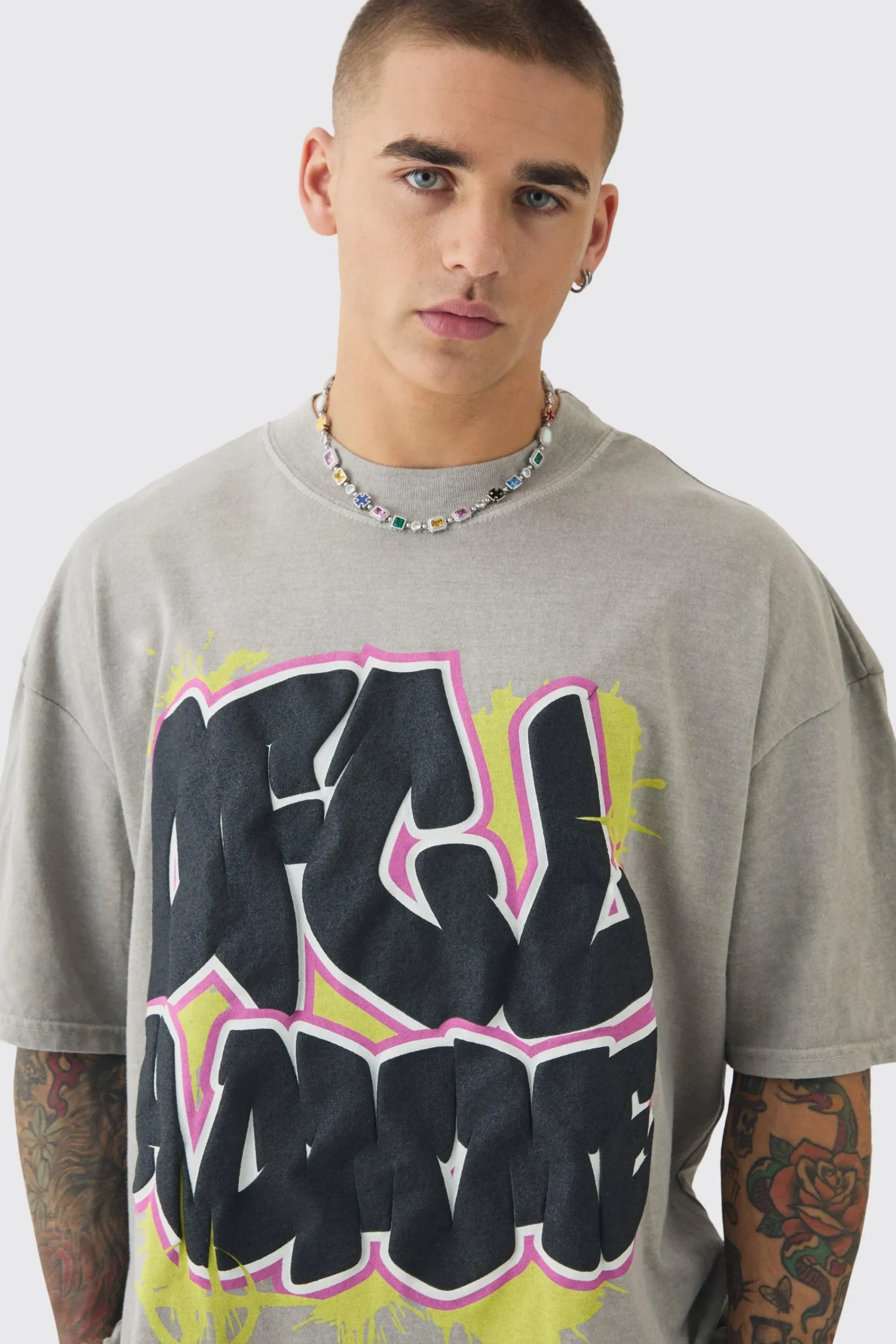 Oversized Puff Print Graffiti Washed T-shirt | UK^boohooMAN Outlet