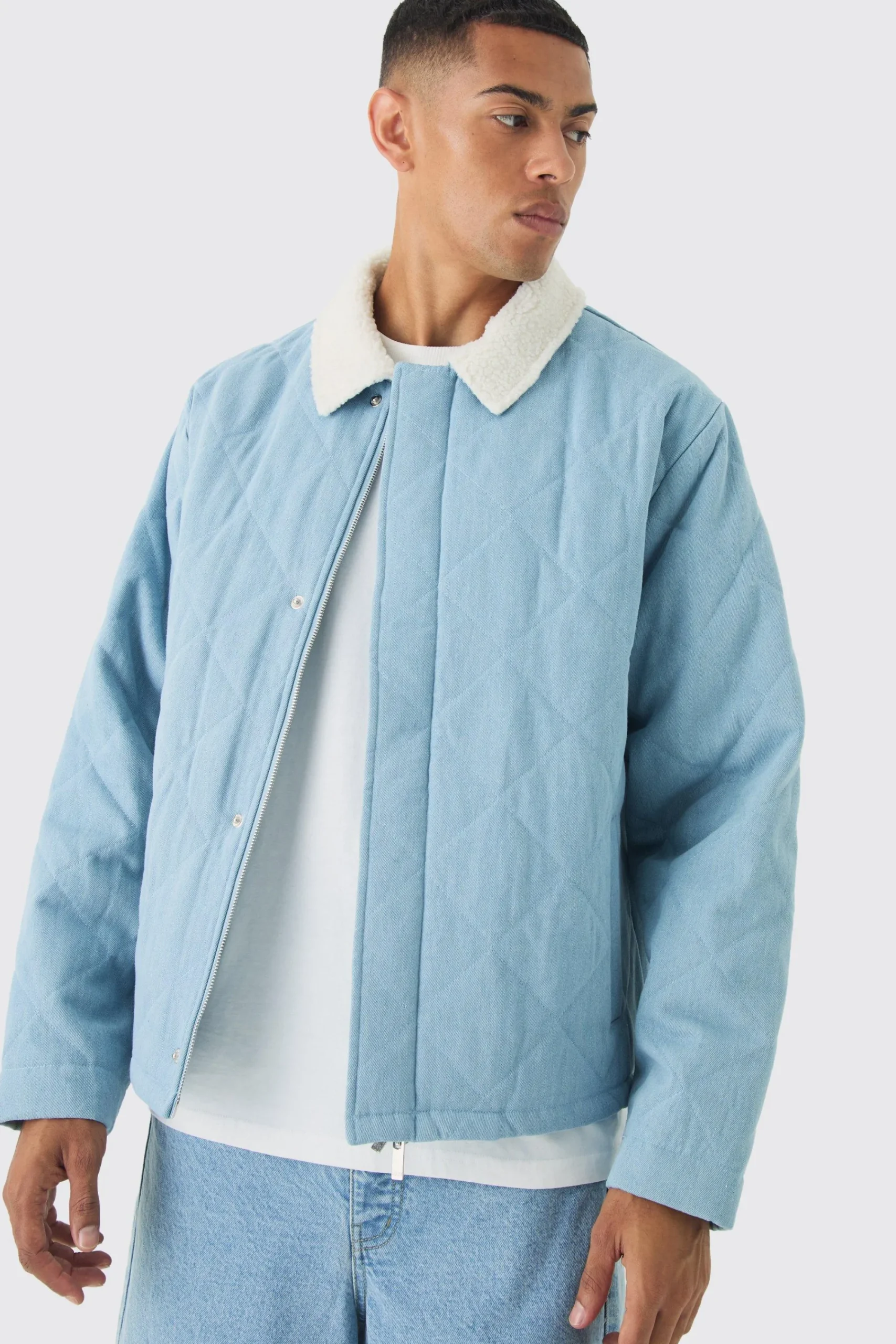 boohooMAN Oversized Quilted Denim Jacket With Borg Collar | UK| Coats & Jackets