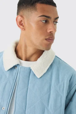 boohooMAN Oversized Quilted Denim Jacket With Borg Collar | UK| Coats & Jackets