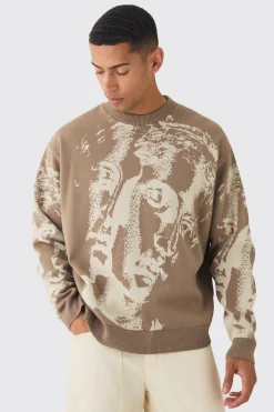 boohooMAN Oversized Renaissance Face Knit Jumper | UK| Knitwear