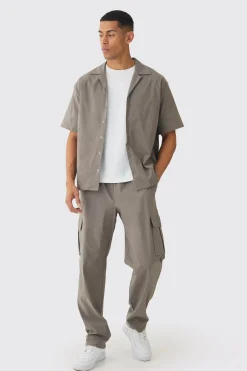 boohooMAN Oversized Revere Bengaline Shirt & Cargo Trouser Set | UK| Trousers|Cargos