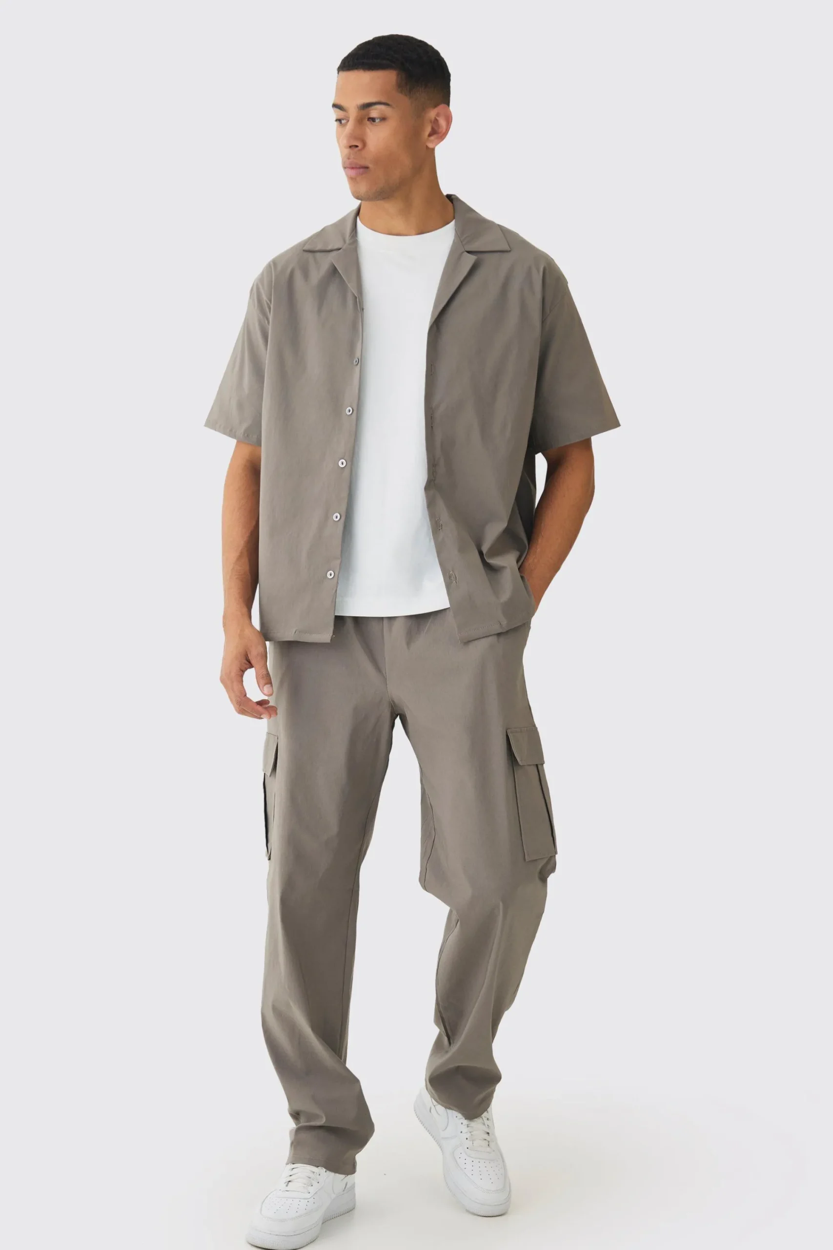 boohooMAN Oversized Revere Bengaline Shirt & Cargo Trouser Set | UK| Trousers|Cargos