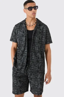 boohooMAN Oversized Revere Jacquard Shirt & Short Set | UK| Sets & Co-Ords